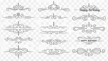 Elegant vintage calligraphic dividers, ornamental scroll borders, and decorative flourishes, some with 'Happy Birthday' text, ideal for invitations.