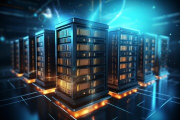 Server racks generating glowing data networks, illustrating modern computing technology