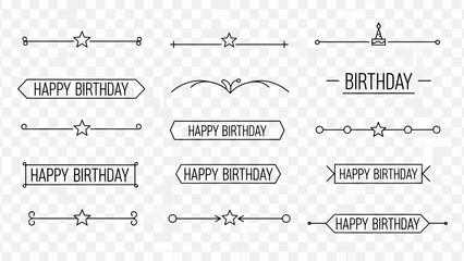 Elegant collection of black line art happy birthday dividers and decorative banners, perfect for festive invitations and celebratory design projects.