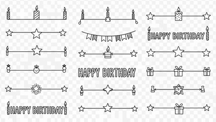 Elegant birthday-themed line art dividers and borders, perfect for festive graphic design projects and celebration invitations, featuring candles and stars.