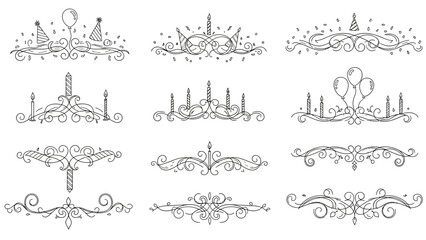 Beautifully intricate black and white line art dividers with festive birthday motifs and elegant scrollwork, ideal for invitations and event design.