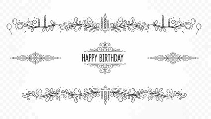 Elegant vector illustration showcasing intricate celebratory flourishes, decorative dividers, and a prominent "Happy Birthday" greeting.