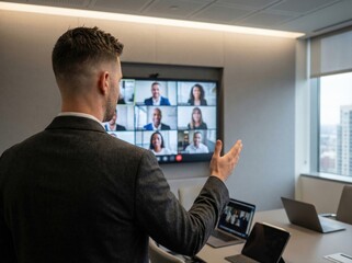 Businessman Leading Engaging Virtual Video Conference in Modern Boardroom, Interacting with Diverse Remote Team on Screen, Showcasing Professional Collaboration.