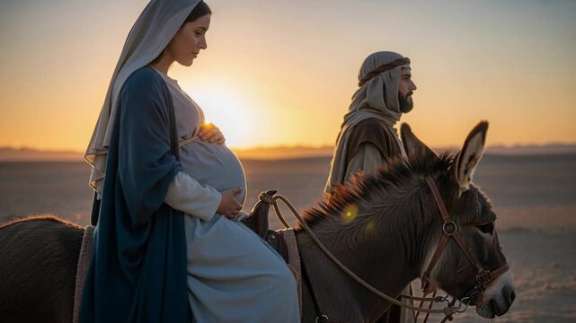 Pregnant Virgin Mary Riding a Donkey Led by Joseph in the Desert at Sunset - generative ai video
