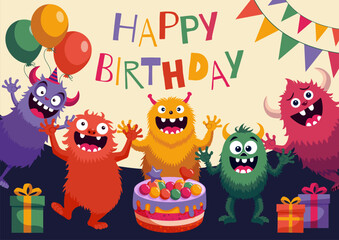 Fototapeta premium Celebrate a whimsical birthday with a colorful gathering of friendly monsters!Perfect for children's party invitations, decorations, and more.