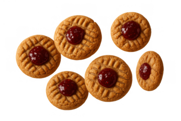 Peanut butter thumbprint cookies with jam filling falling, delicious sweet dessert for snack or treat on transparent background