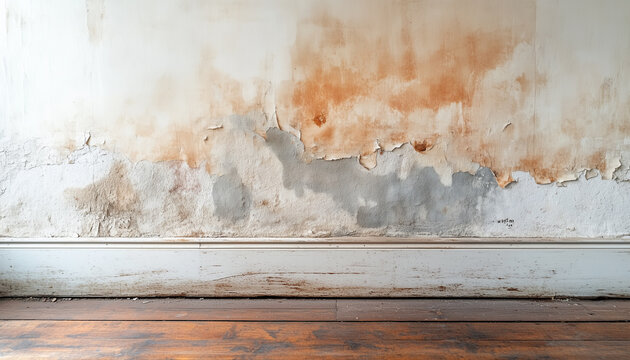 Damp wall with visible mold growth, water staining and peeling paint indicating moisture intrusion and structural risk during a building