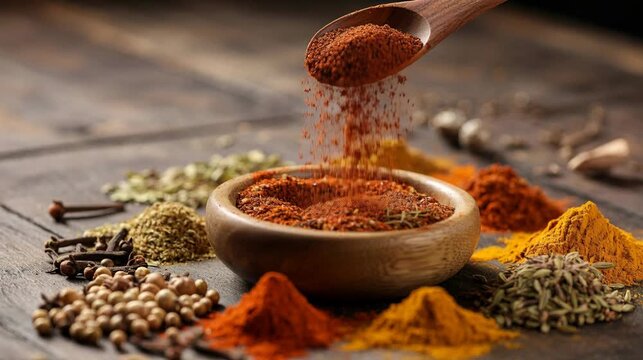 cinematic macro photograph of mixed ground spices falling from wooden spoon into bowl surrounded by heaps of chili powder turmeric cumin and coriander seeds on rustic wood table