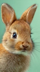 Fototapeta premium cute baby bunny portrait, curious look, soft daylight, light green background, fluffy fur texture, minimal composition