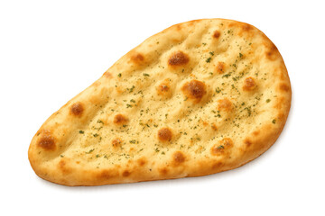 Naan bread closeup with herbs, traditional indian flatbread, baked savory dough, isolated on transparent background