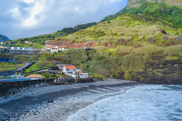 Madeira, Portugal, 12.12.2025: Palm Trees and Hillside Houses in Coastal Town