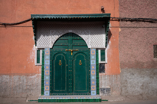 Beautiful green old palace entrance door in Marrakesh  Morocco