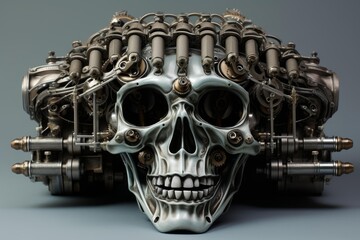 Complex mechanical gears and pistons composing a futuristic engine in the shape of a human skull, blending technology and mortality