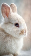 Obraz premium cute baby bunny portrait, soft fluffy fur, gentle expression, clean pastel background, soft natural light, professional photography, vertical