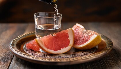 authentic mezcal pour with grapefruit slices on rustic plate premium artisanal beverage content for millennial lifestyle marketing campaigns