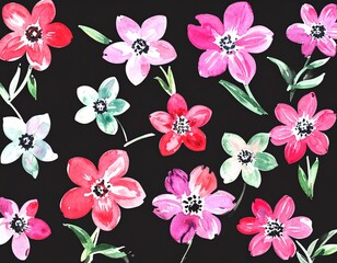 Colorful Flowers on Black Background &ndash; Vibrant Floral Artwork generated AI