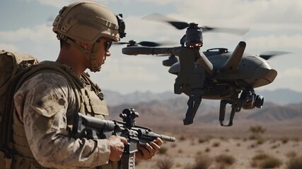 A soldier holds a rifle while a drone hovers nearby in a desert area. This scene takes place during a military training exercise focused on modern warfare tactics