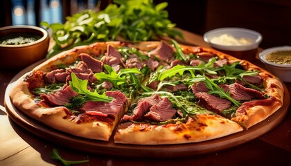 roast beef and arugula pizza in bright natural light overhead presentation
