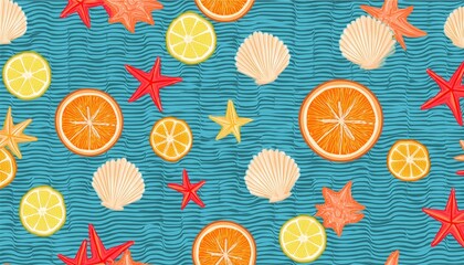 seamless summer pattern with seashells starfish citrus slices and waves