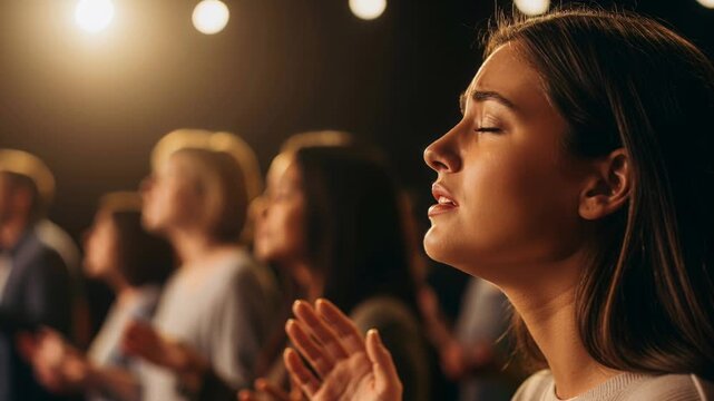 modern worship - profile of a young  christian woman singing with deep emotion during a modern church worship service, eyes closed, one hand gently raised in praise; peaceful and spiritual.