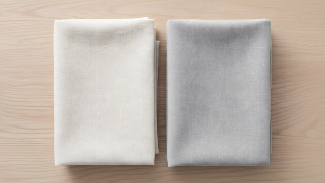 Clean top view of two folded linen fabrics on a wooden surface — product-like minimalism. - Powered by Adobe