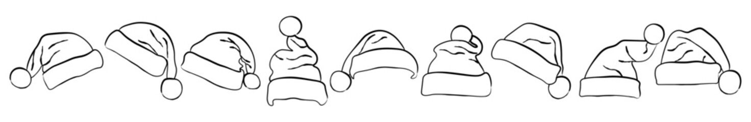 Christmas santa hat illustration set with festive winter holiday caps for coloring and design by hand drawn line art