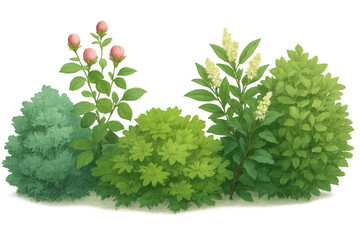 Fototapeta premium Lush green garden plants bush border with spring foliage, floral buds, and white blossoms on transparent background