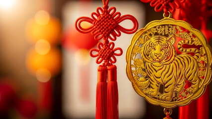 Golden tiger ornament and red Chinese knot tassel decoration. Traditional symbol for Chinese New Year. Oriental culture and holiday celebration.