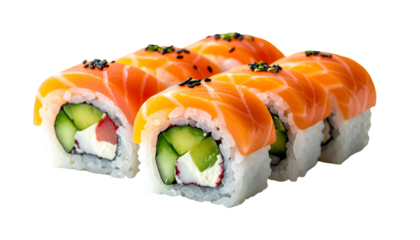Six sushi rolls, salmon-topped, with cucumber, white filling, and black sesame seeds