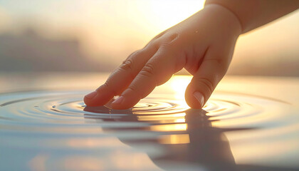 Touch of Serenity: A gentle hand delicately touches the surface of tranquil water, creating gentle ripples that dance across the reflecting pool in the soft glow of a misty sunset. 
