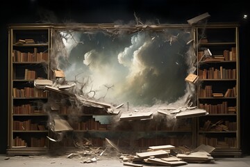 Library bookshelf collapsing showing a turbulent stormy sky and flying books