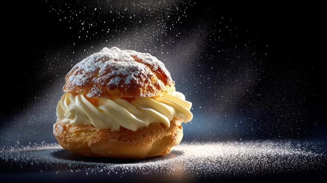 Sprinkling sugar over cream puffs in a studio, food still life clip