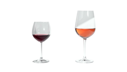 Two stemware glasses, one red wine and one rose wine, isolated against a dark backdrop