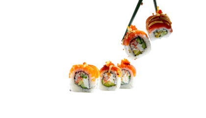Close-up of sushi rolls with chopsticks, partially isolated on black background