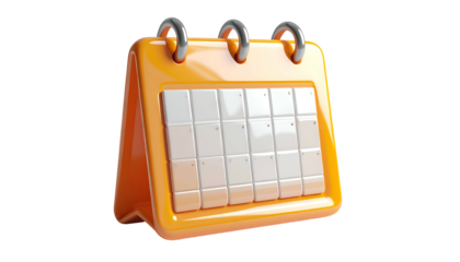 3D rendered, shiny orange calendar with white blocks. Isolated on a black background