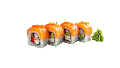 Close-up of four sushi rolls with salmon, avocado, cream cheese, and masago, plus wasabi