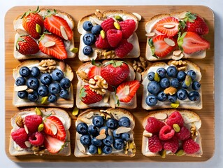 Assortment of nine toasts with fresh berries and nuts on wooden board