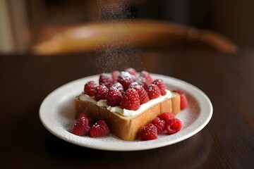 Thick toast with cream and fresh raspberries being dusted with powdered sugar