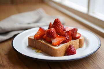 Thick toast topped with fresh strawberries and honey on a white plate
