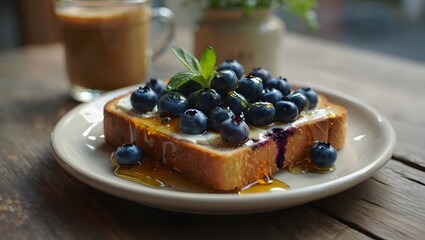 Blueberry toast with honey and cream cheese on a plate
