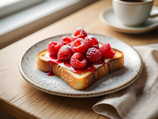 Toasted brioche with fresh raspberries and syrup on a plate