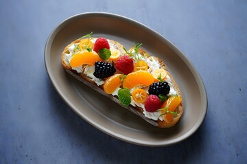 Gourmet fruit and cream cheese bruschetta on oval plate