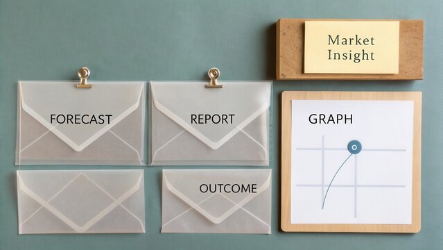 Market Insight with Forecast, Report, and Outcome Envelopes Displayed Next to Graph on Blue Background - Powered by Adobe