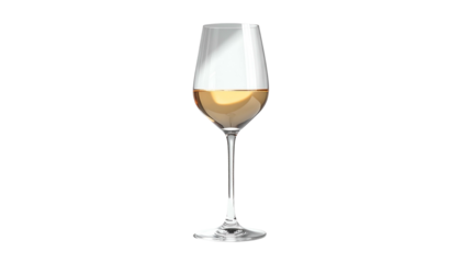 Elegant wine glass on a black background, containing a light-colored beverage