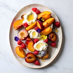 Gourmet toast with fresh peaches, raspberries, and cream