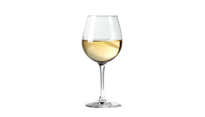 A stemmed wine glass filled with golden liquid, set against a solid black backdrop