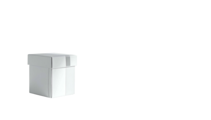 A white, square, closed cardboard box sits isolated against a stark black background