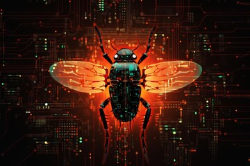 Digital bug on circuit board background representing computer virus or malware