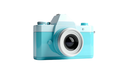 A digital camera rendered in a cyan and white color scheme against a stark black background