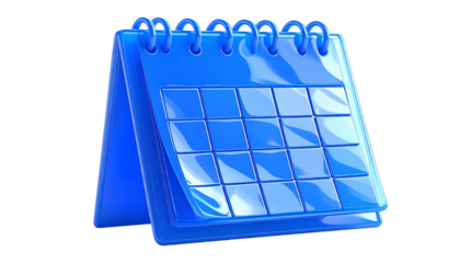 Glossy 3D rendered blue desk calendar, isolated on a black background